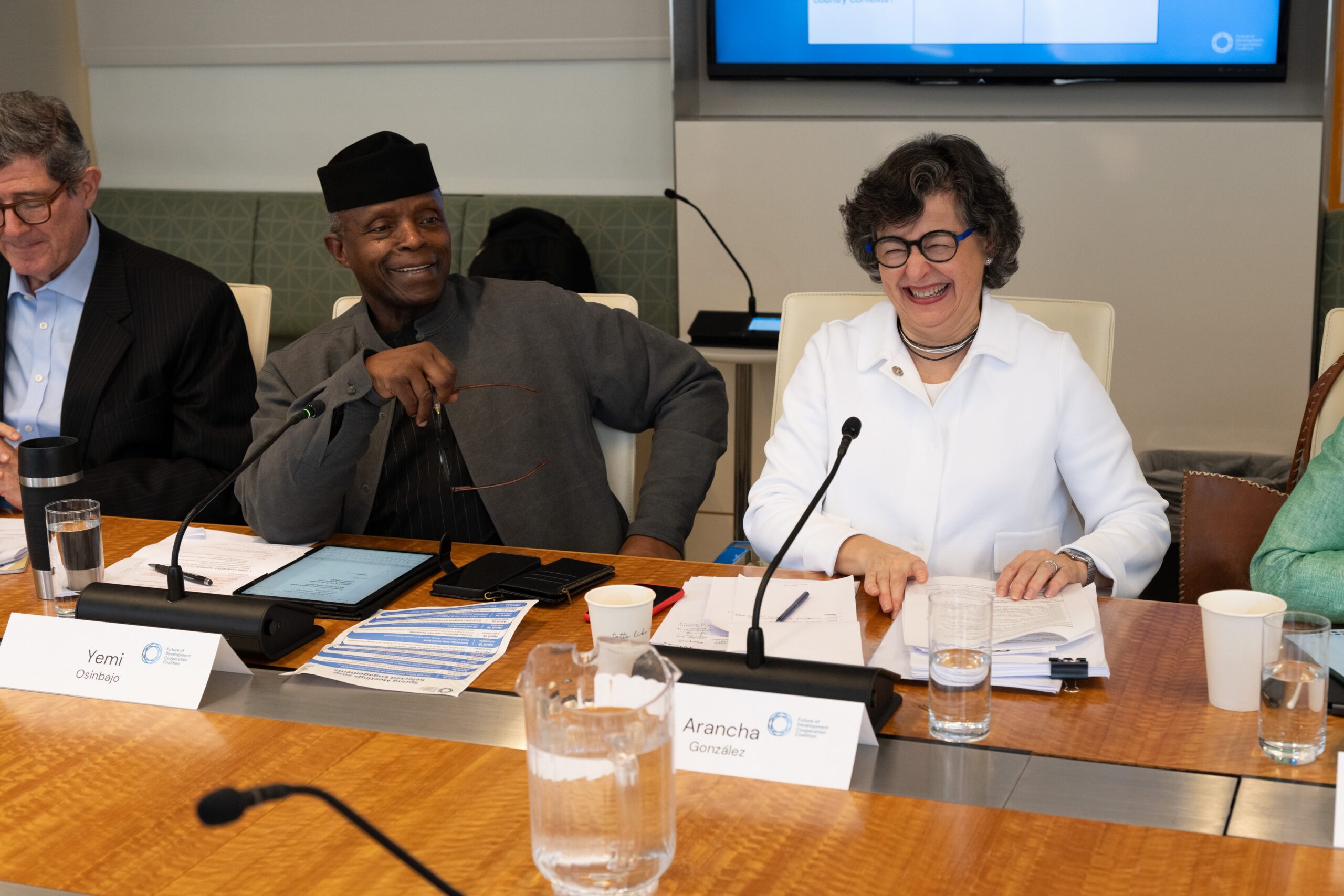 Photo of former Nigerian Vice President Yemi Osinbajo (left) and Former Spanish Foreign Minister Arancha González Laya (right) during the first coalition meeting