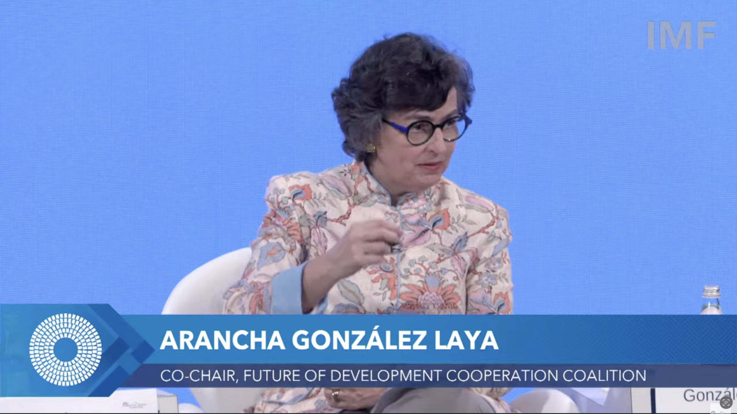 Screenshot of Arancha González Laya speaking on at panel at the Bretton Woods Committee